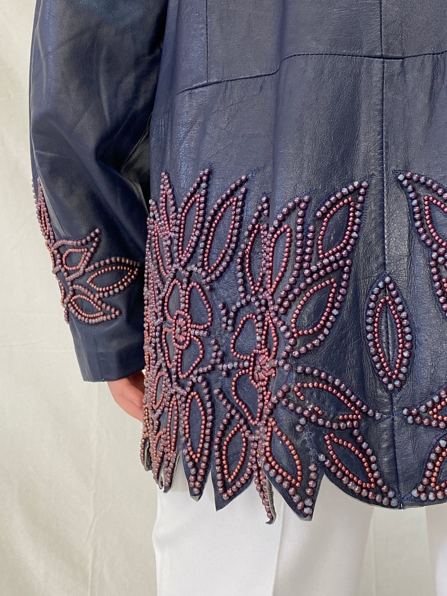 Vintage KOSHAR Genuine Leather Duster Coat Navy Beaded Cut-Out Floral Jacket - XL