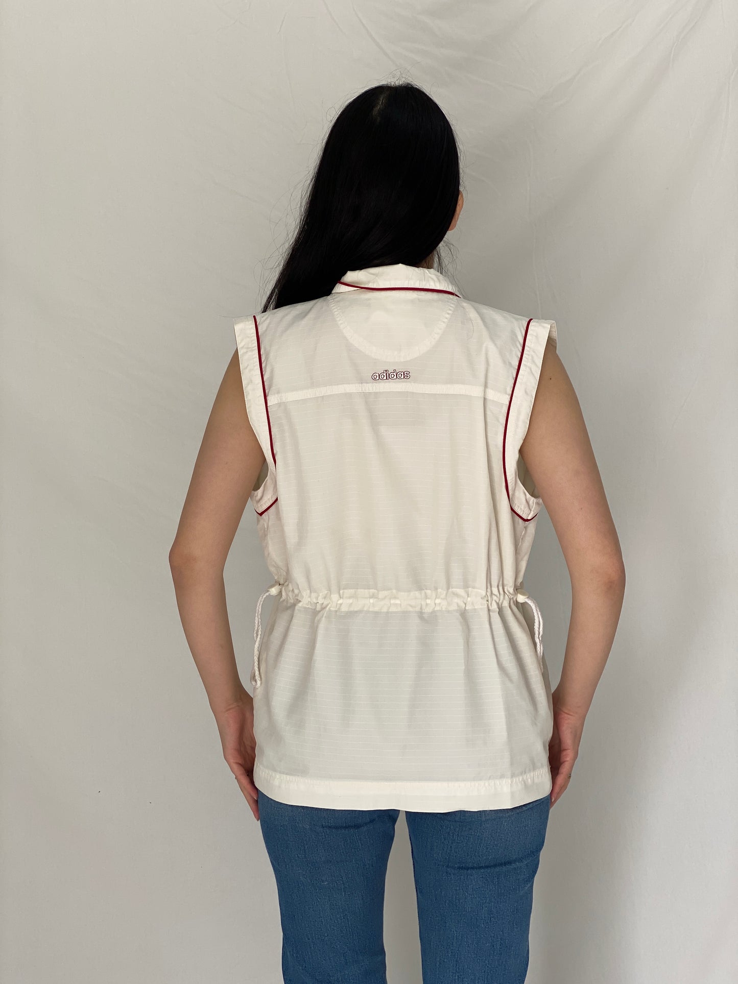 Vintage Adidas Off-White Sleeveless Zip Vest with Drawstring Waist - S