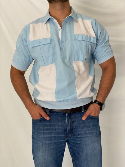 Vintage Alexxus Knit Panel Polo Shirt Blue & White Retro Pullover – XL