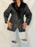 Vintage Patricia Italian Leather Coat Black Fur Collar 80s Oversized Blazer Jacket - M