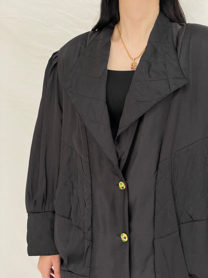 Vintage Black Quilted Puffer Oversized Fit Jacket with Gold Buttons - L