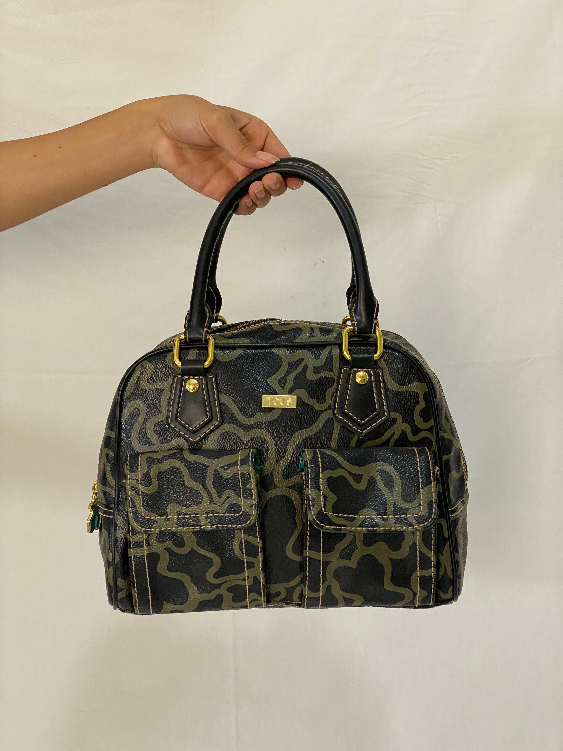 TOUS Kaos Monogram Satchel Bag Black Khaki Bear Logo Bowling Top Handle Purse TOUS Kaos Monogram Satchel Bag Black Khaki Bear Logo Bowling Top Handle Purse
