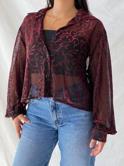 Vintage 90s 3K Fashion Cropped Black And Red Sheer Shirt - L