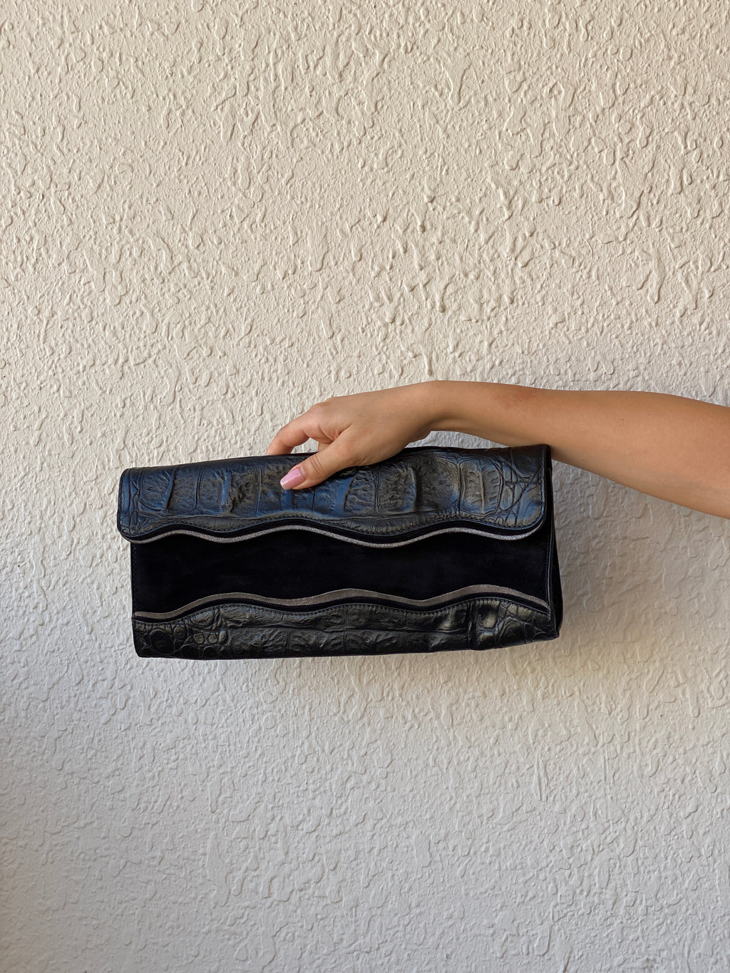 Sondra Roberts Black Crocodile Embossed Leather Evening Clutch