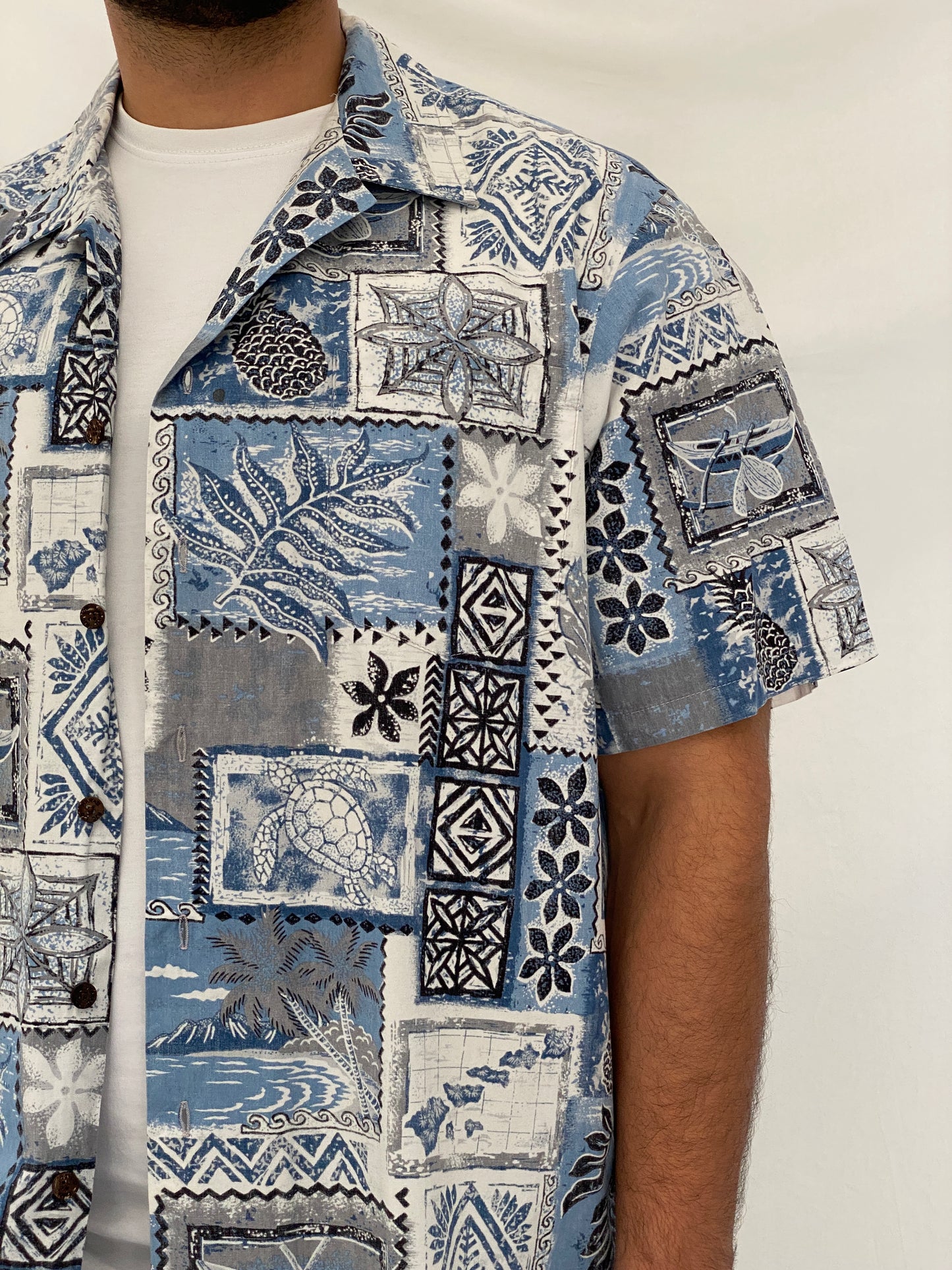 Vintage 90s RJC Blue Tropical Patchwork Hawaiian Camp Shirt - 2XL