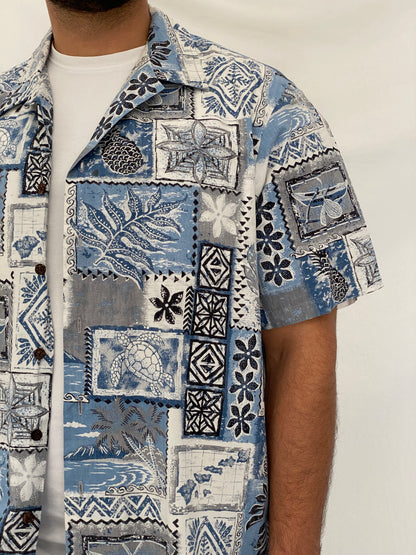 Vintage 90s RJC Blue Tropical Patchwork Hawaiian Camp Shirt - 2XL
