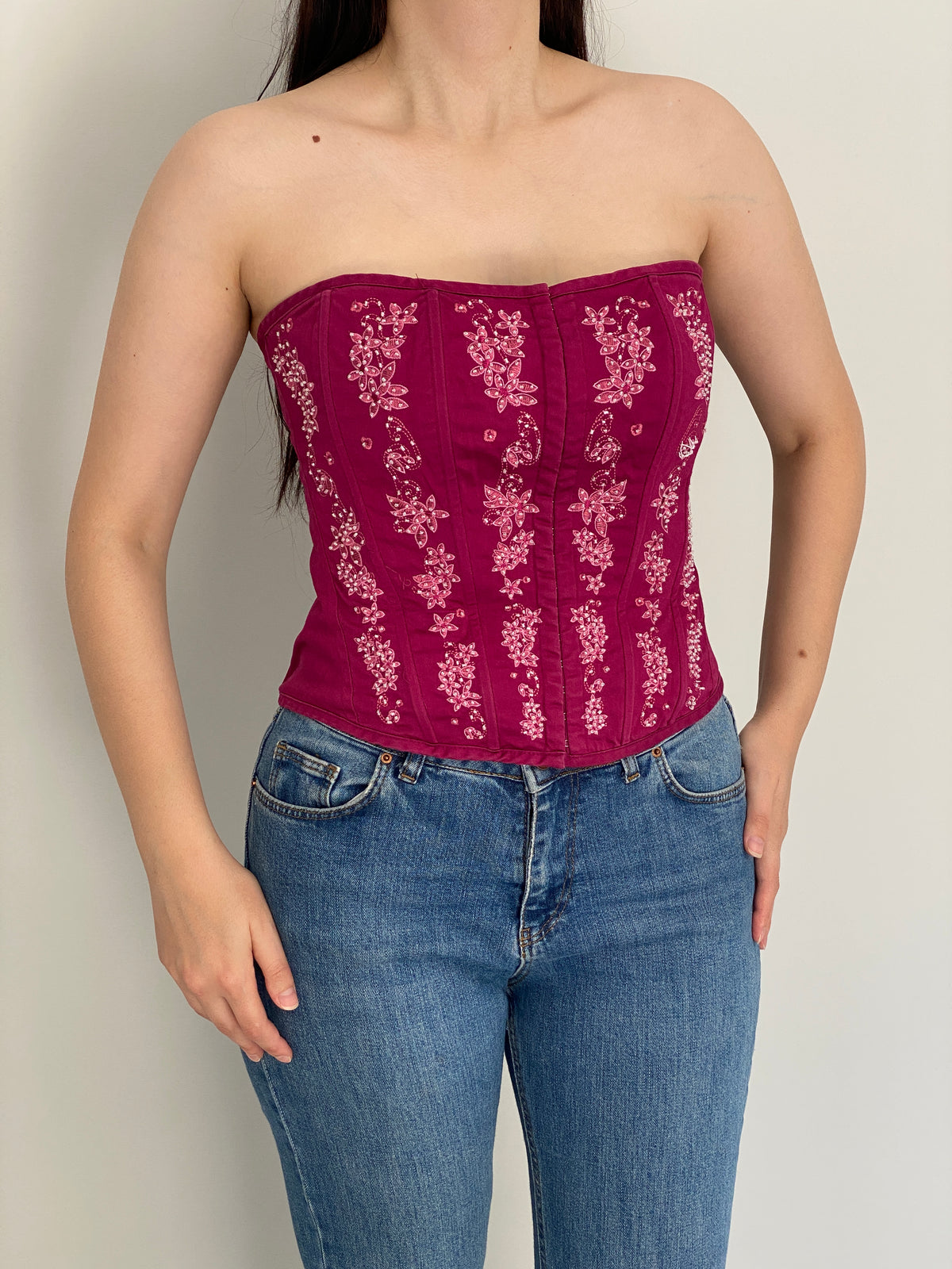 Vintage Y2K KRISP Cotton Embroidered Lace-Up Corset Top - M