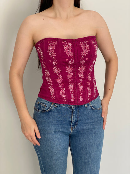 Vintage Y2K KRISP Cotton Embroidered Lace-Up Corset Top - M