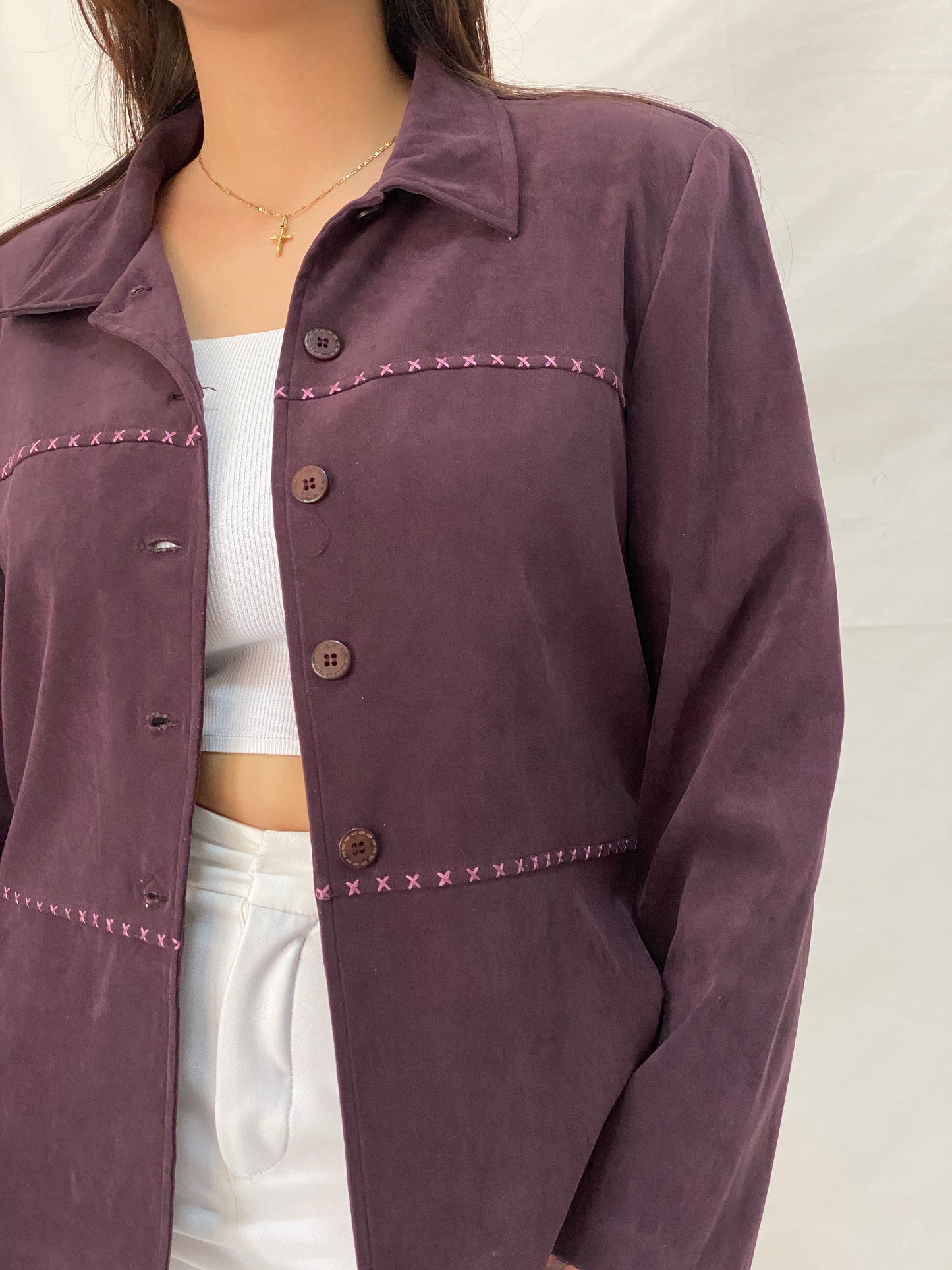 Vintage 90s R&K Originals Faux Suede Jacket Shirt Purple Pink Stitching - XL