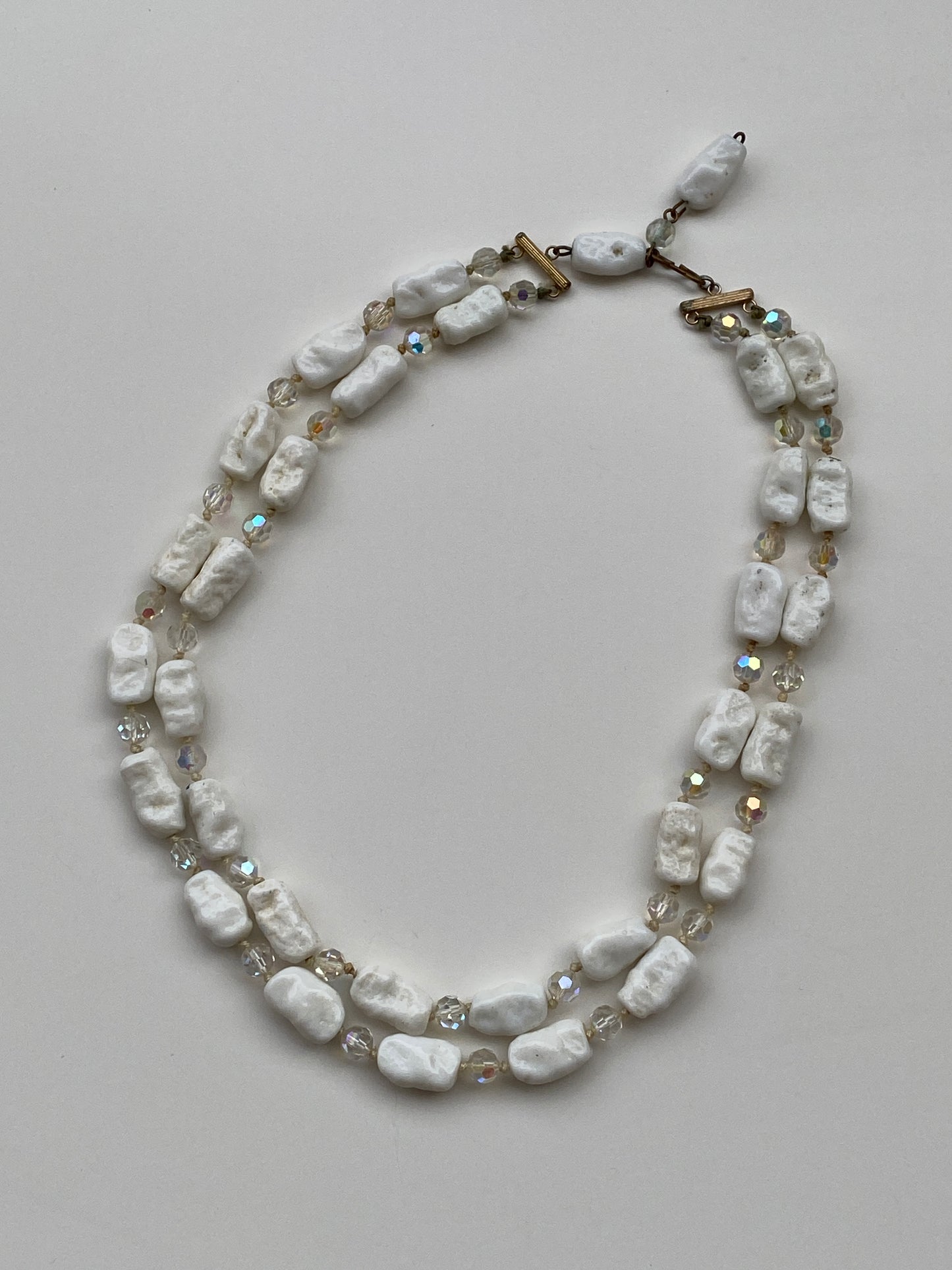 Vintage White Stone & Crystal Beaded Necklace Double Strand Organic Minimalist Jewelry