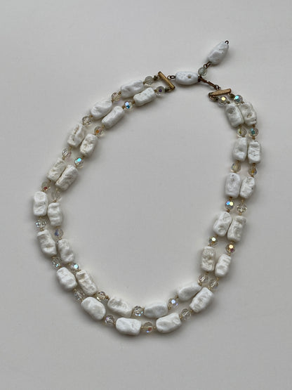 Vintage White Stone & Crystal Beaded Necklace Double Strand Organic Minimalist Jewelry