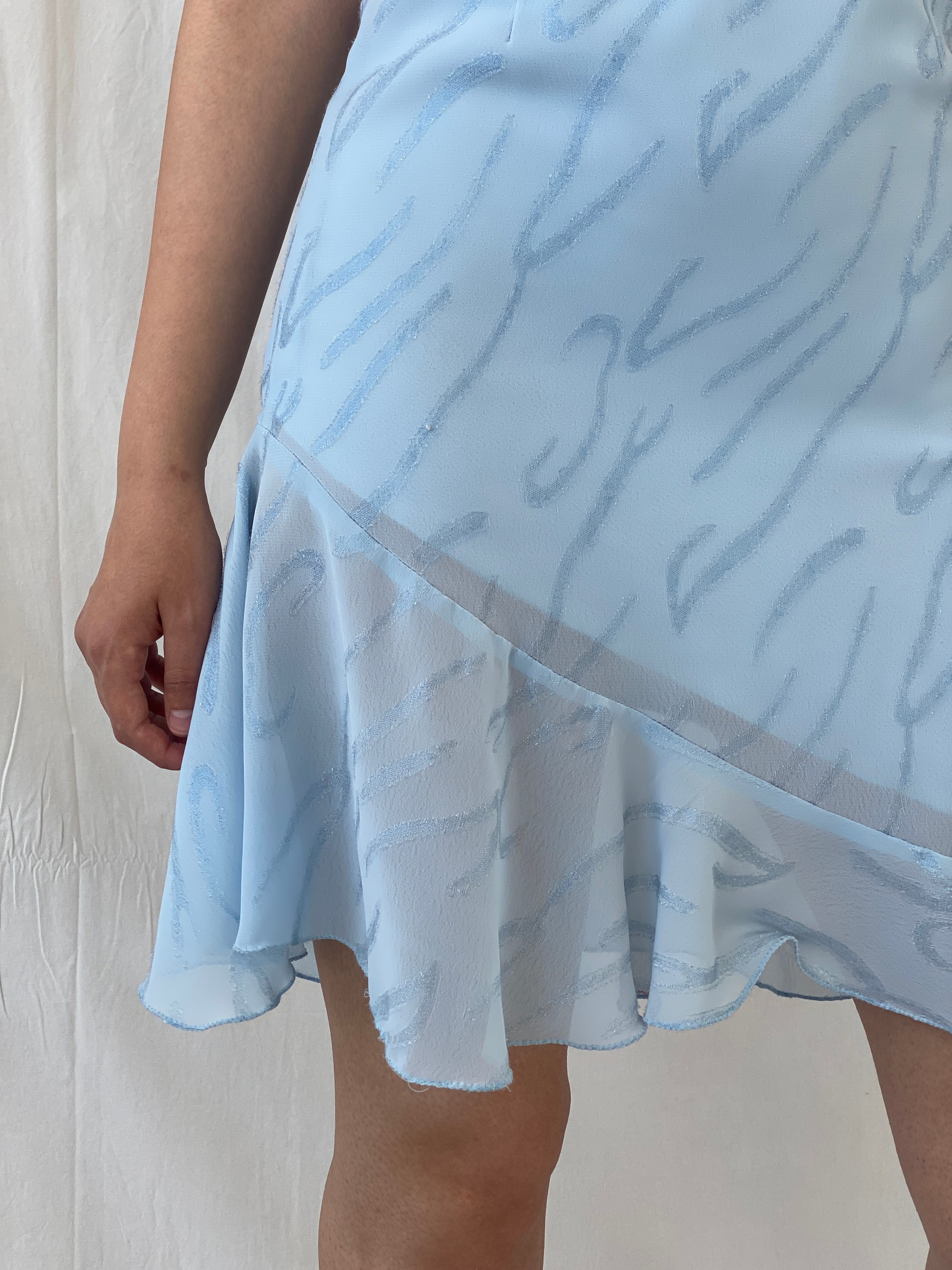 Y2K Handmade Sky Blue Glittery Ruffle Hem Mini Dress - M