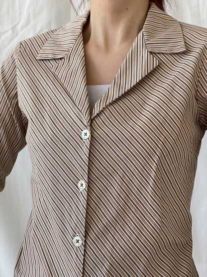 Y2K Rampage Striped Beige Long Sleeve Office Women’s Cotton Shirt - M