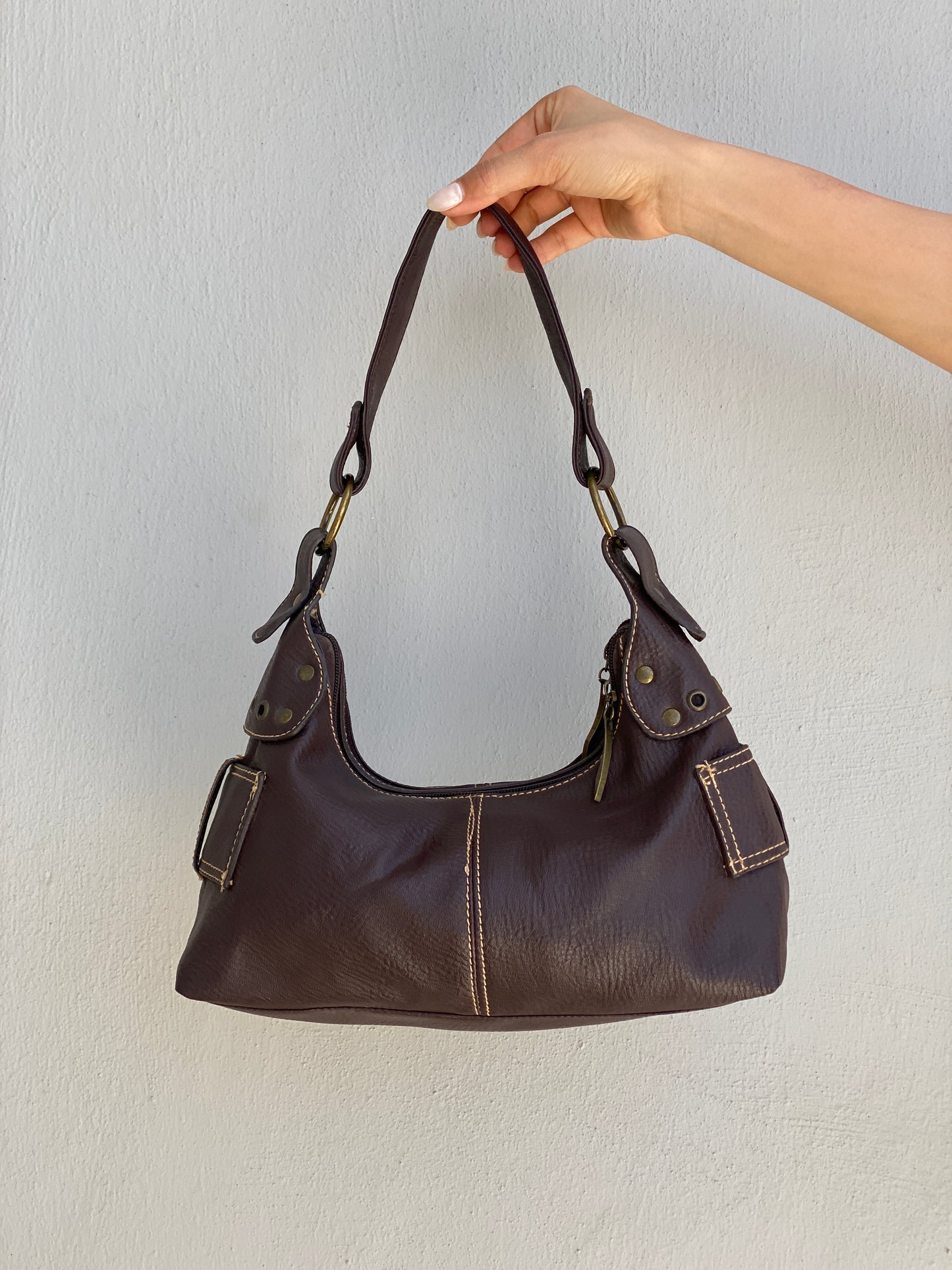 Vintage Y2K Brown Leather Purse Belt Detail Shoulder Bag