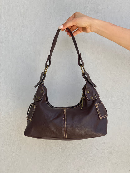 Vintage Y2K Brown Leather Purse Belt Detail Shoulder Bag