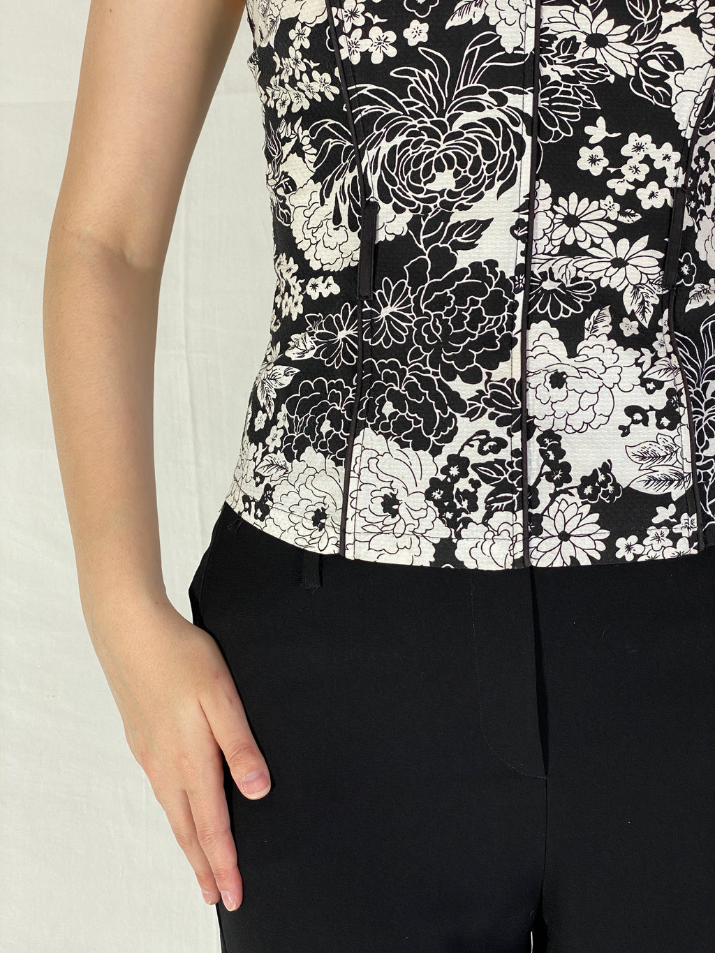 Vintage Y2K Xanaka Boned Corset Top Black & White Floral Bustier - S