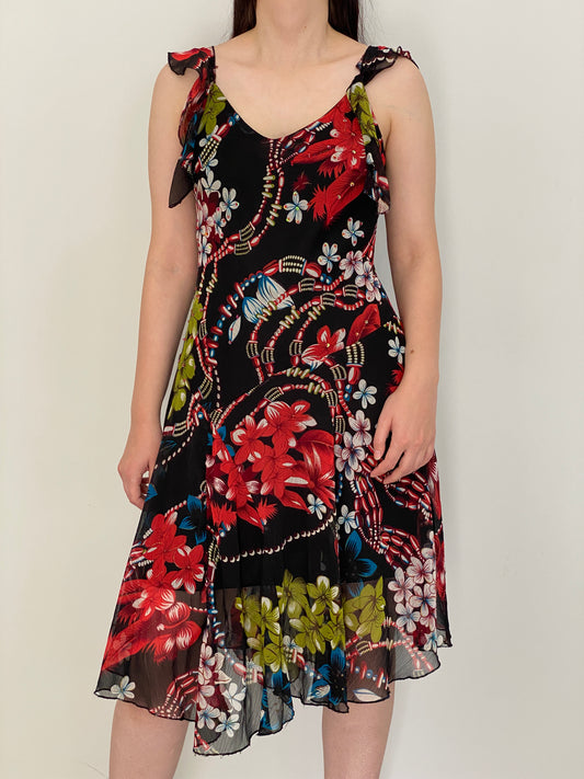 Vintage Y2K HUANGJIALIREN Black Silk Blend Floral Asymmetric Ruffle Dress - M