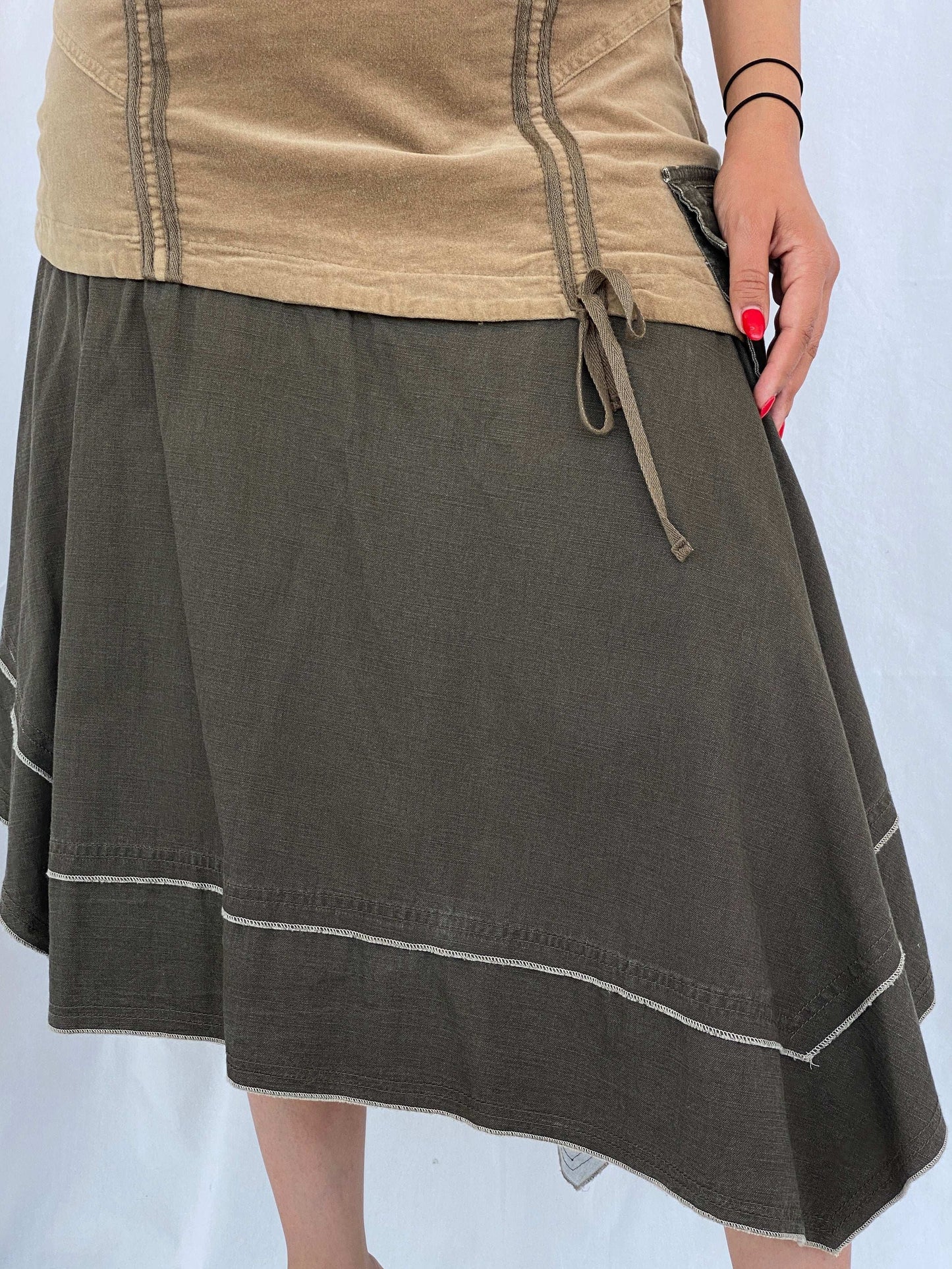 Vintage 90s Jacqueline Riu Asymmetric Midi Khaki Skirt Size L/XL - Balagan Vintage Midi Skirt 90s, Alaa, midi skirt, NEW IN, summer, Tojan