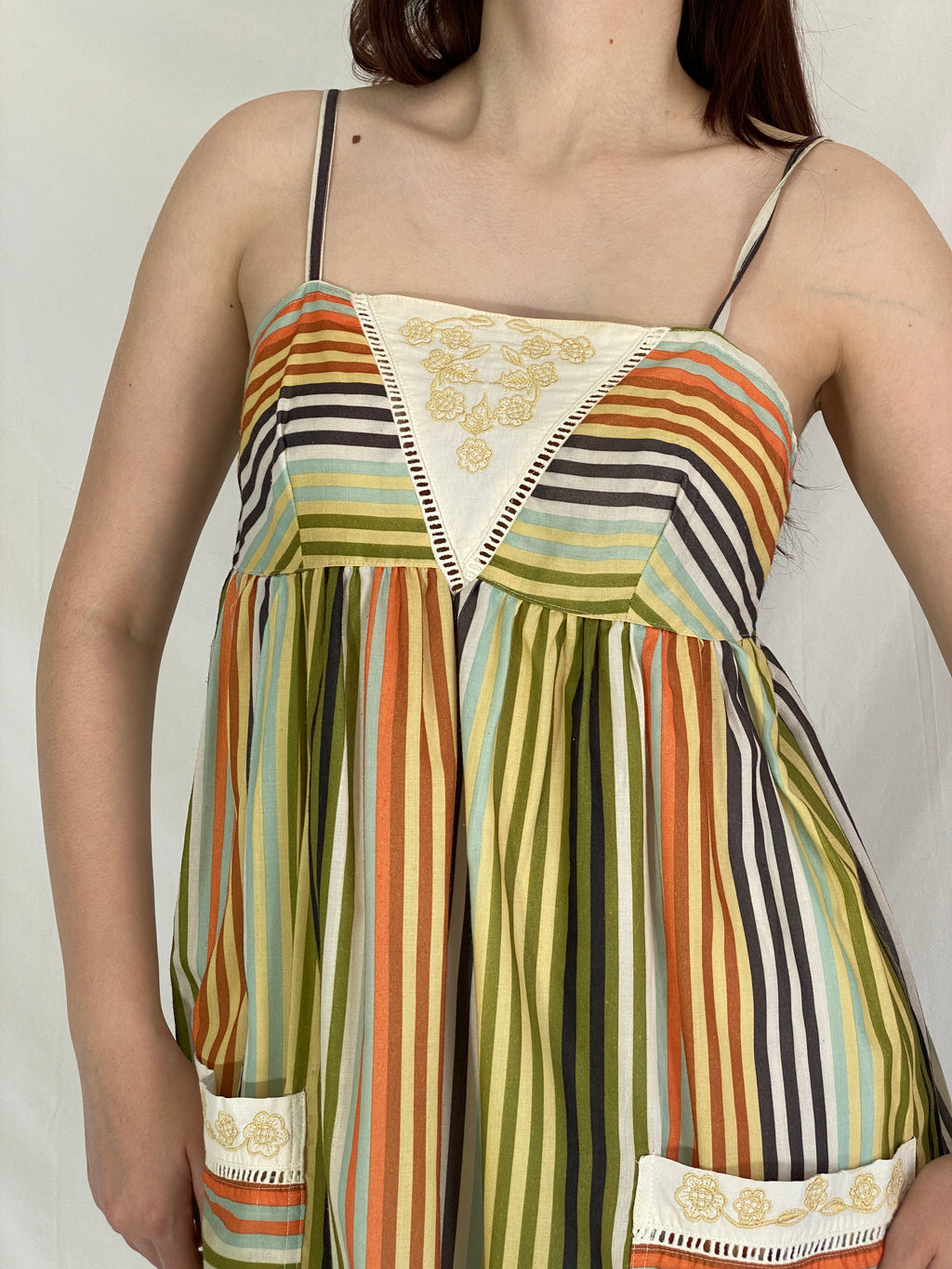 Y2K Valleygirl Striped Sundress Cotton Green Orange Pockets Dress - L