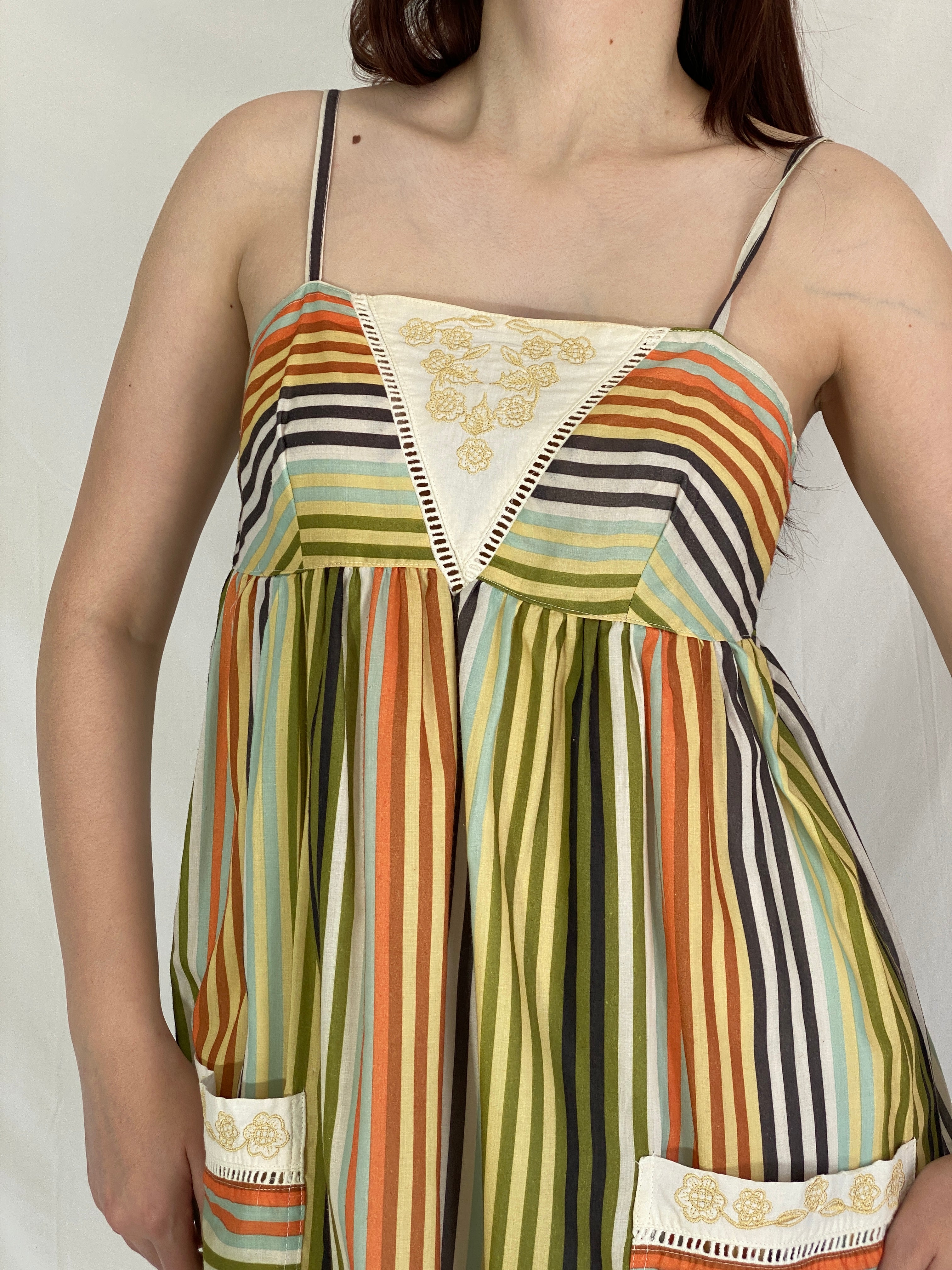 Y2K Valleygirl Striped Sundress Cotton Green Orange Pockets Dress - L