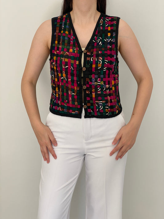 Vintage 90s Anne Tjian for Kenar Multicolor Woven Rayon Button Vest – M