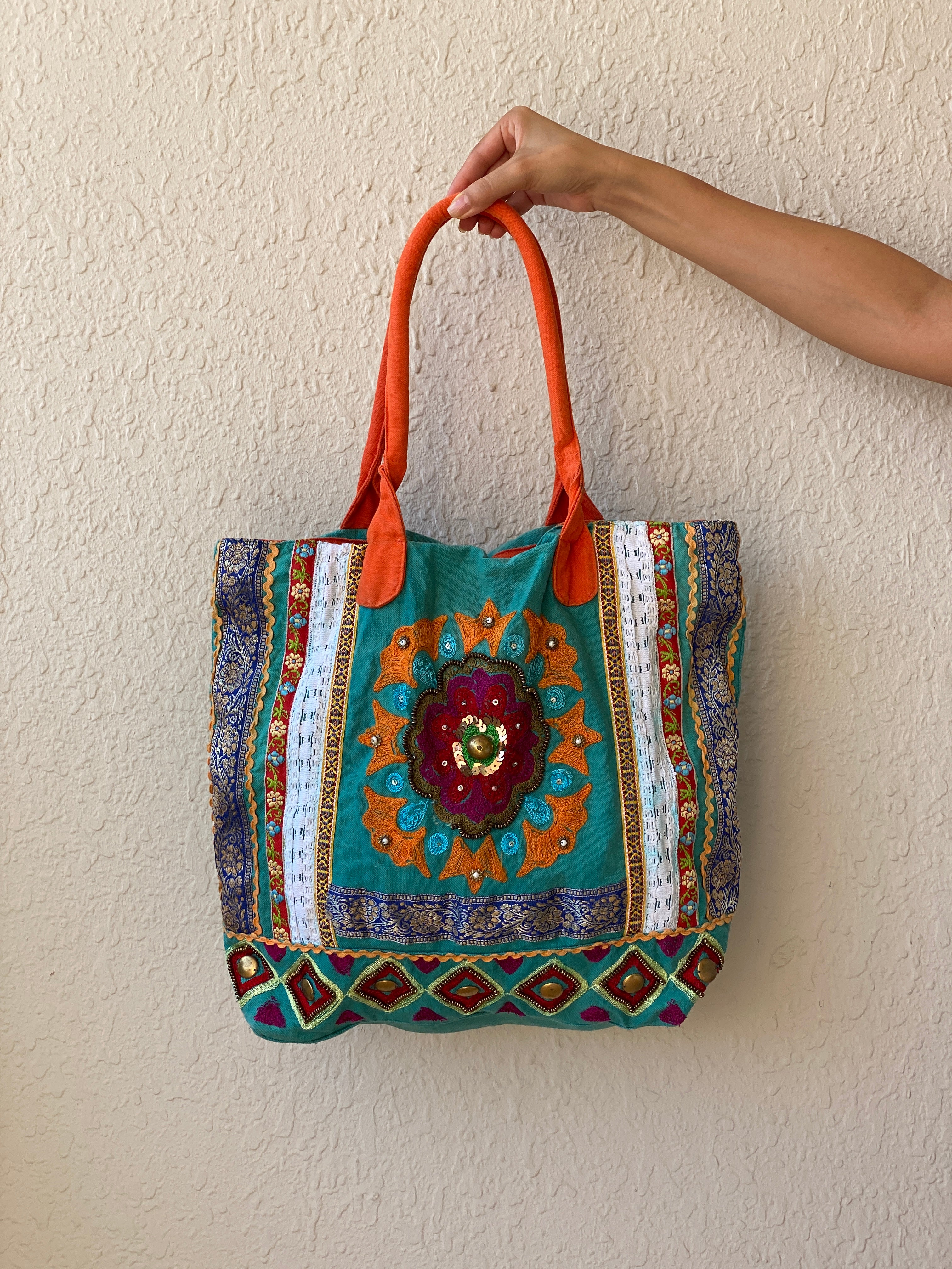 Antik Kraft Embroidered Cotton Tote Bag Boho Patchwork Festival Shoulder Bag