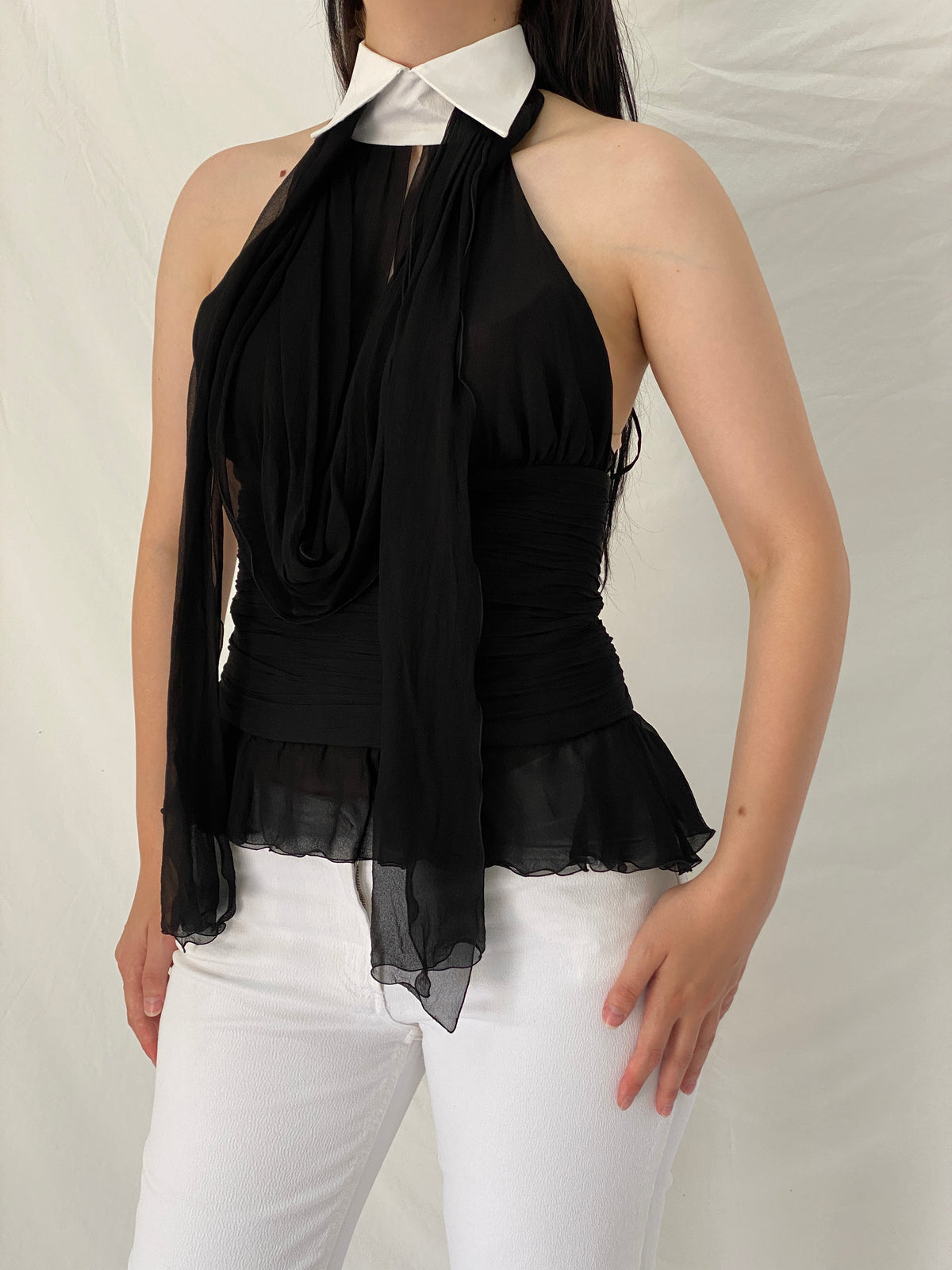 Y2K Lagerfeld Gallery Black Silk Halter Blouse with White Collar – S Y2K Lagerfeld Gallery Black Silk Halter Blouse with White Collar – S