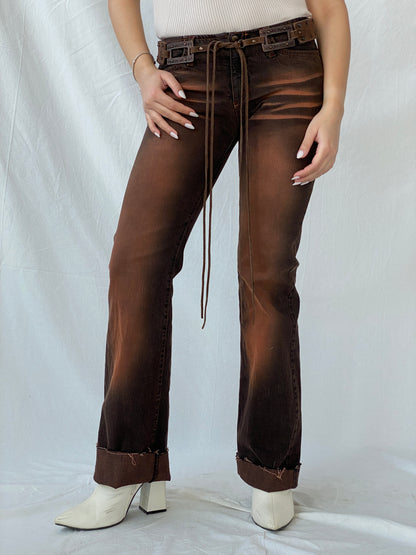 Vintage FlyGirl Brown Distressed Low Rise Biker Pants with Suede Belt - 34EUR