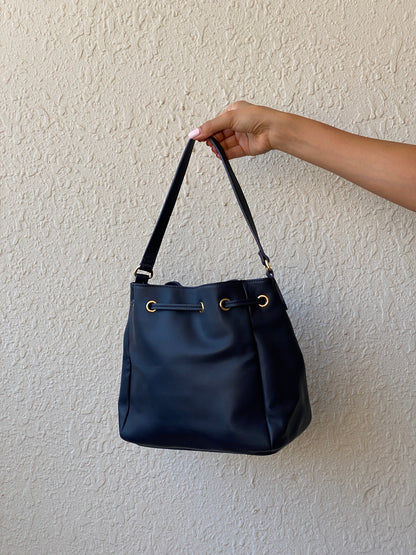 Tommy Hilfiger Navy Blue & Red Drawstring Bucket Shoulder Bag