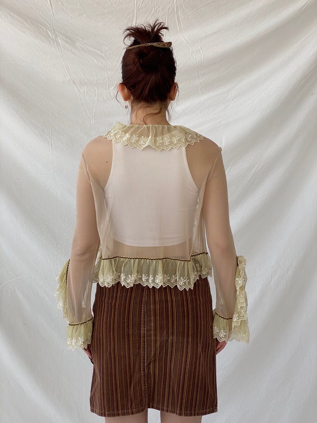 Y2K Mesh Beige Fairy Core Cardigan With Lace Detailing - XS