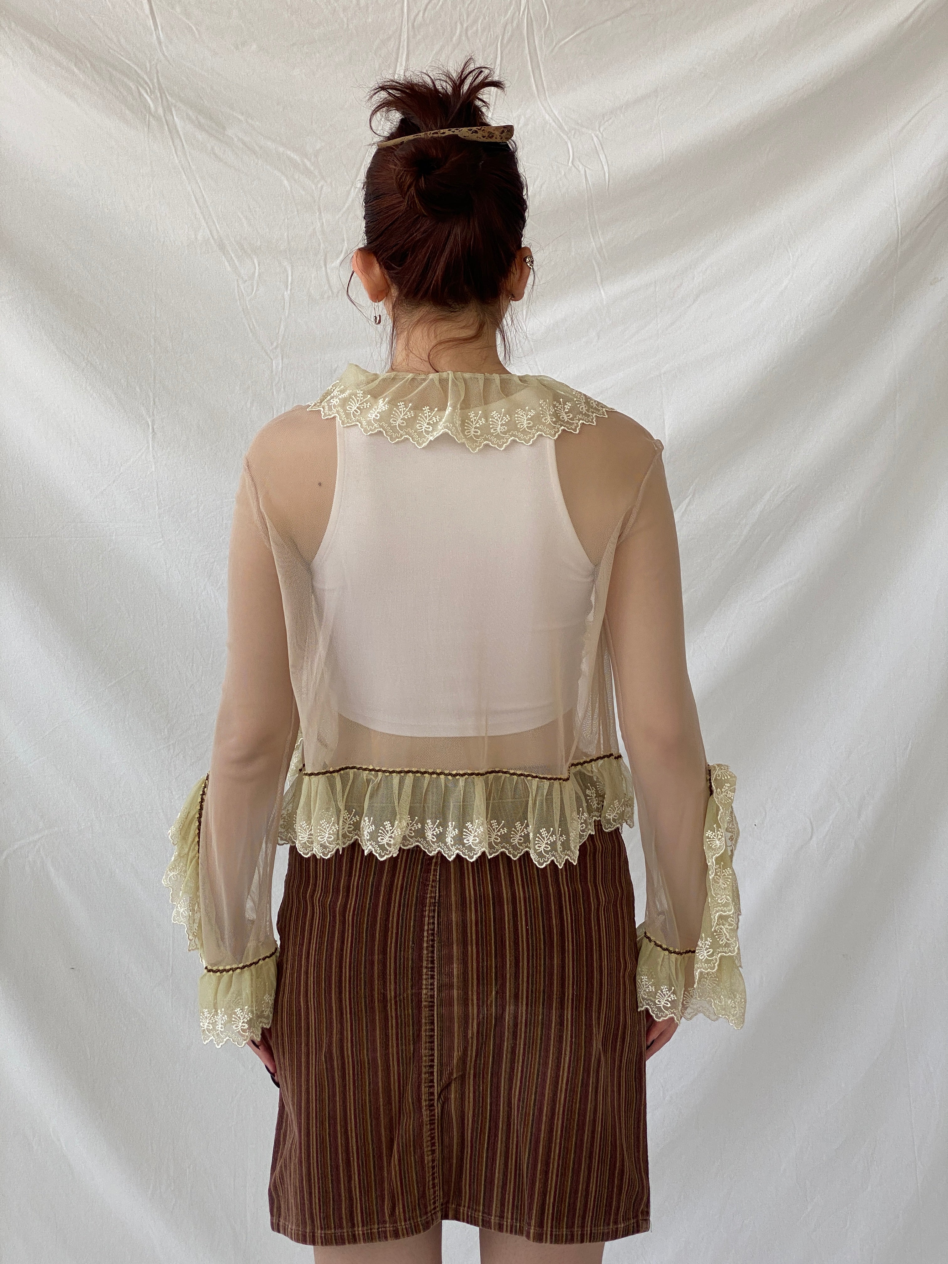 Y2K Mesh Beige Fairy Core Cardigan With Lace Detailing - XS