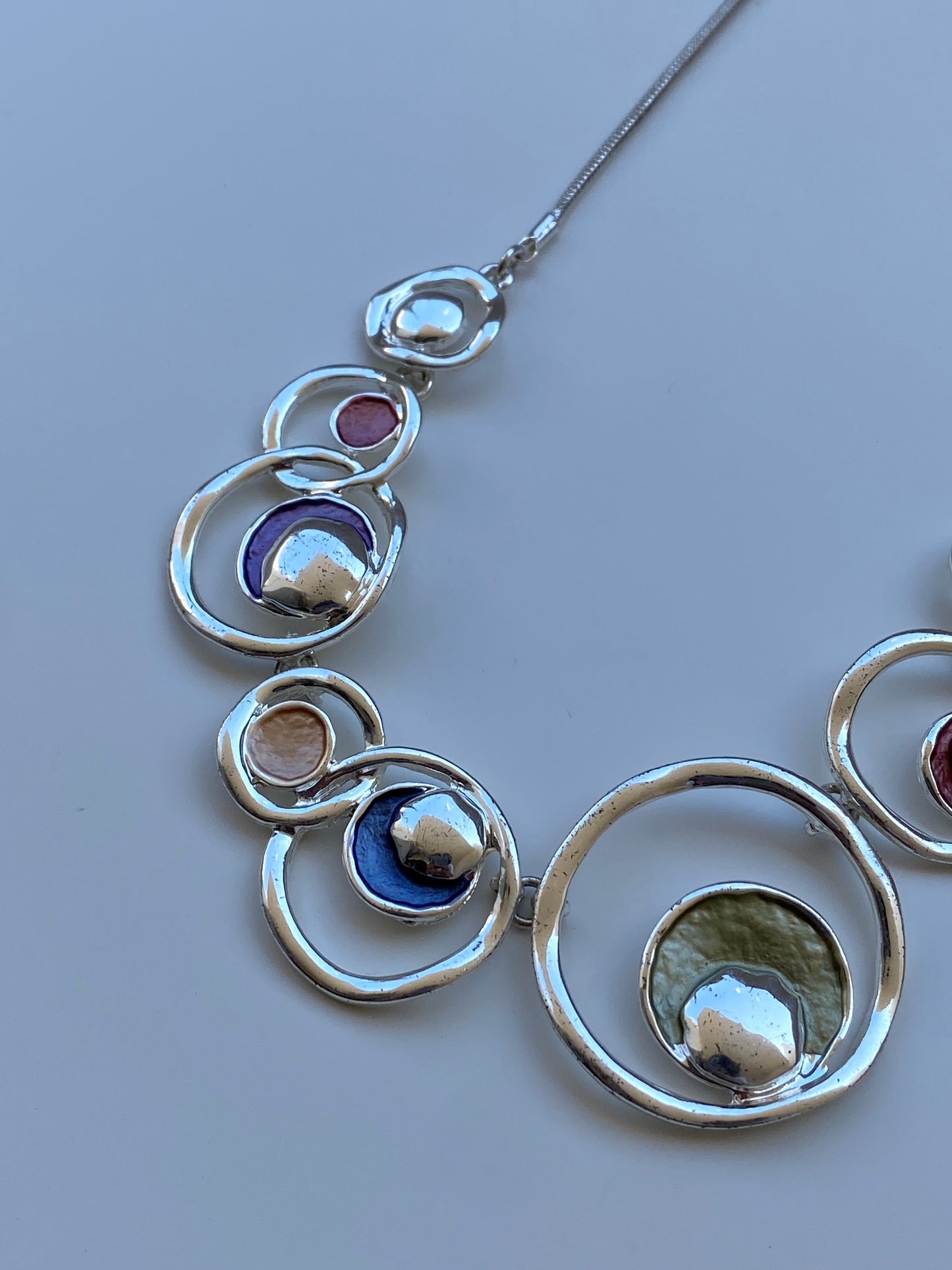 Vintage 2000s Silver Tone Abstract Circle Statement Multicolor Inlay Necklace