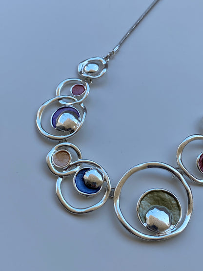 Vintage 2000s Silver Tone Abstract Circle Statement Multicolor Inlay Necklace