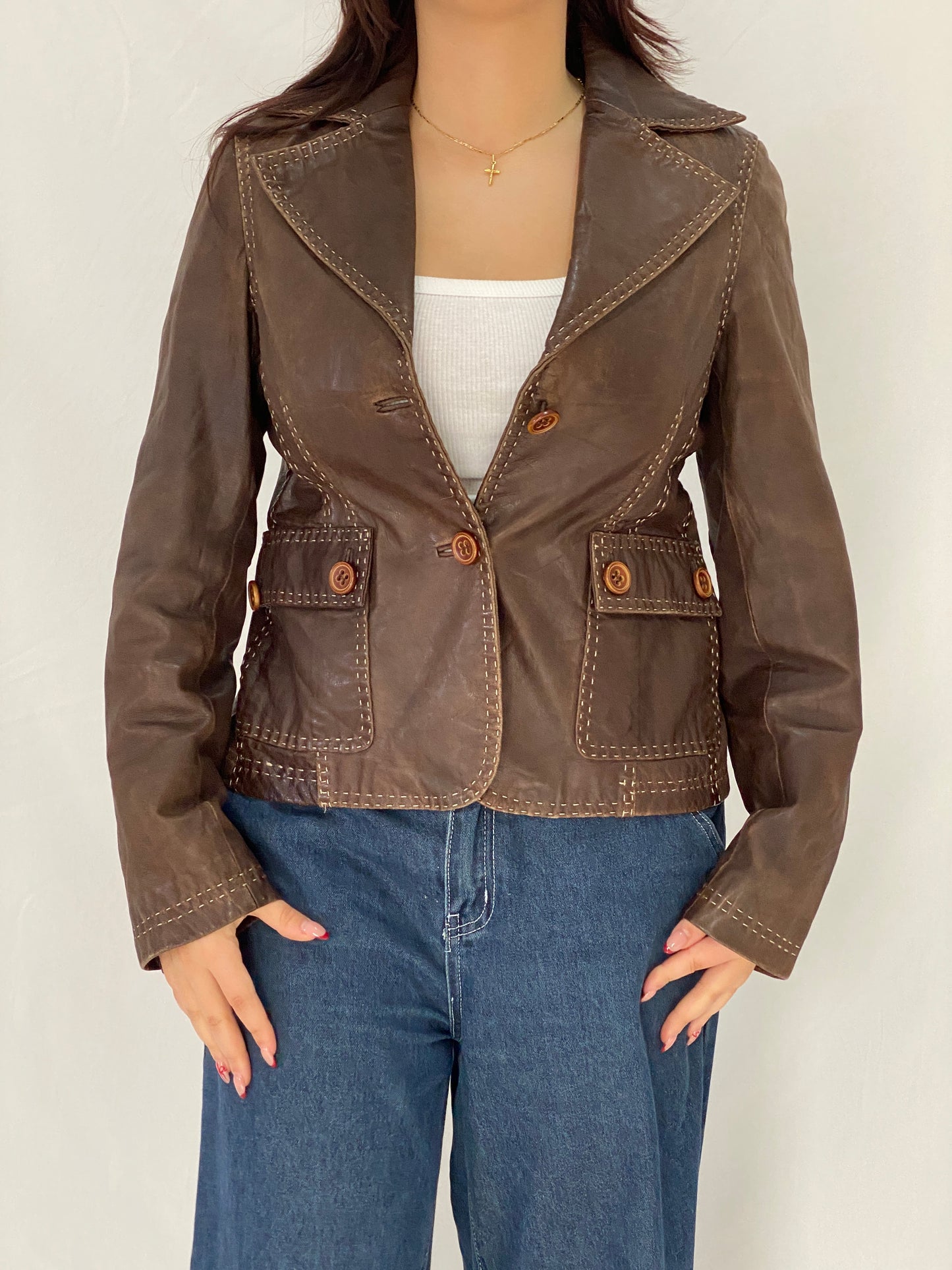 Vintage Brown Genuine Leather Tailored Blazer Jacket with Contrast Stitching – M