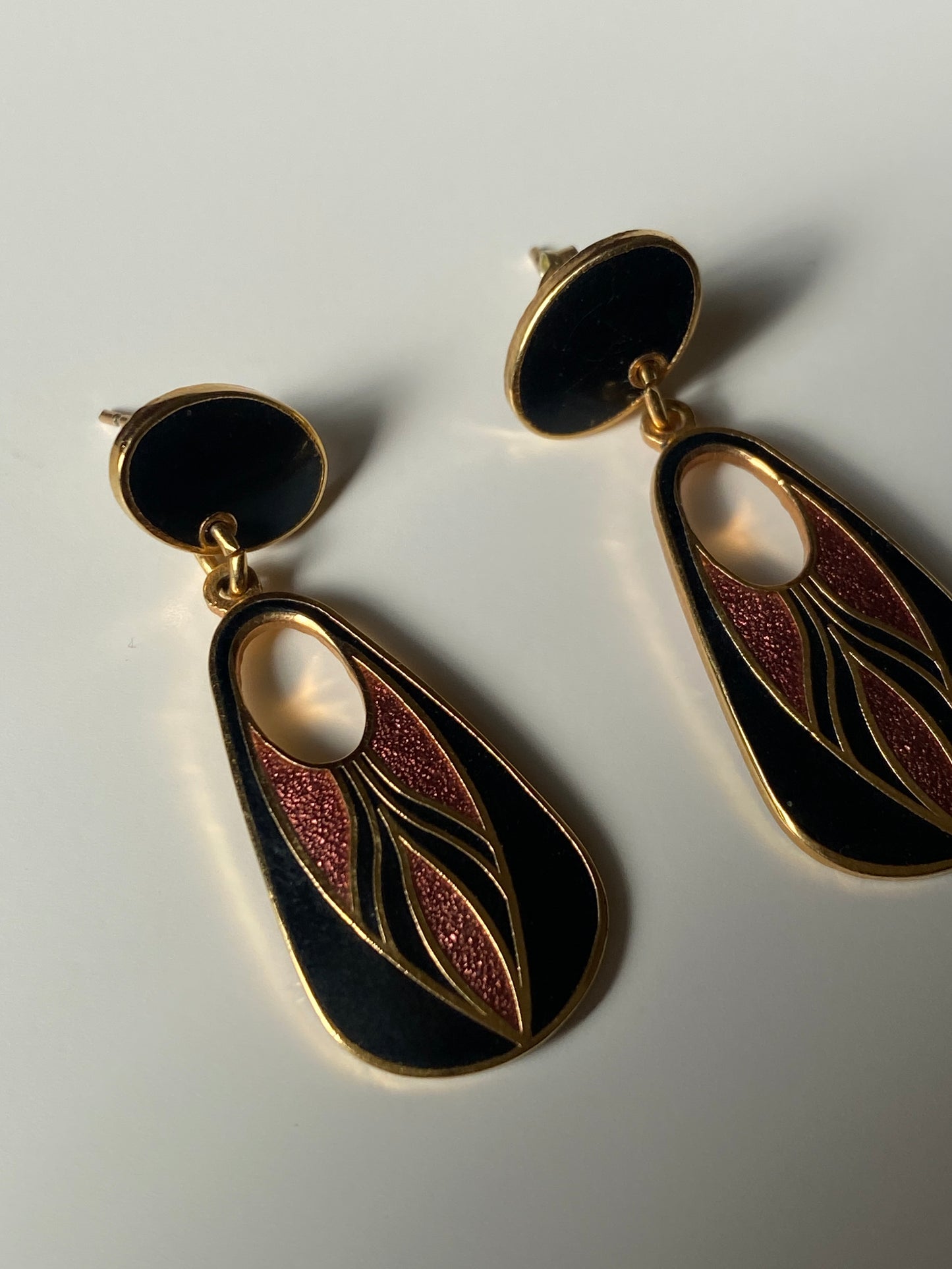 Vintage Isle of Skye Art Deco Enamel Drop Earrings - Gold Tone Celtic Design