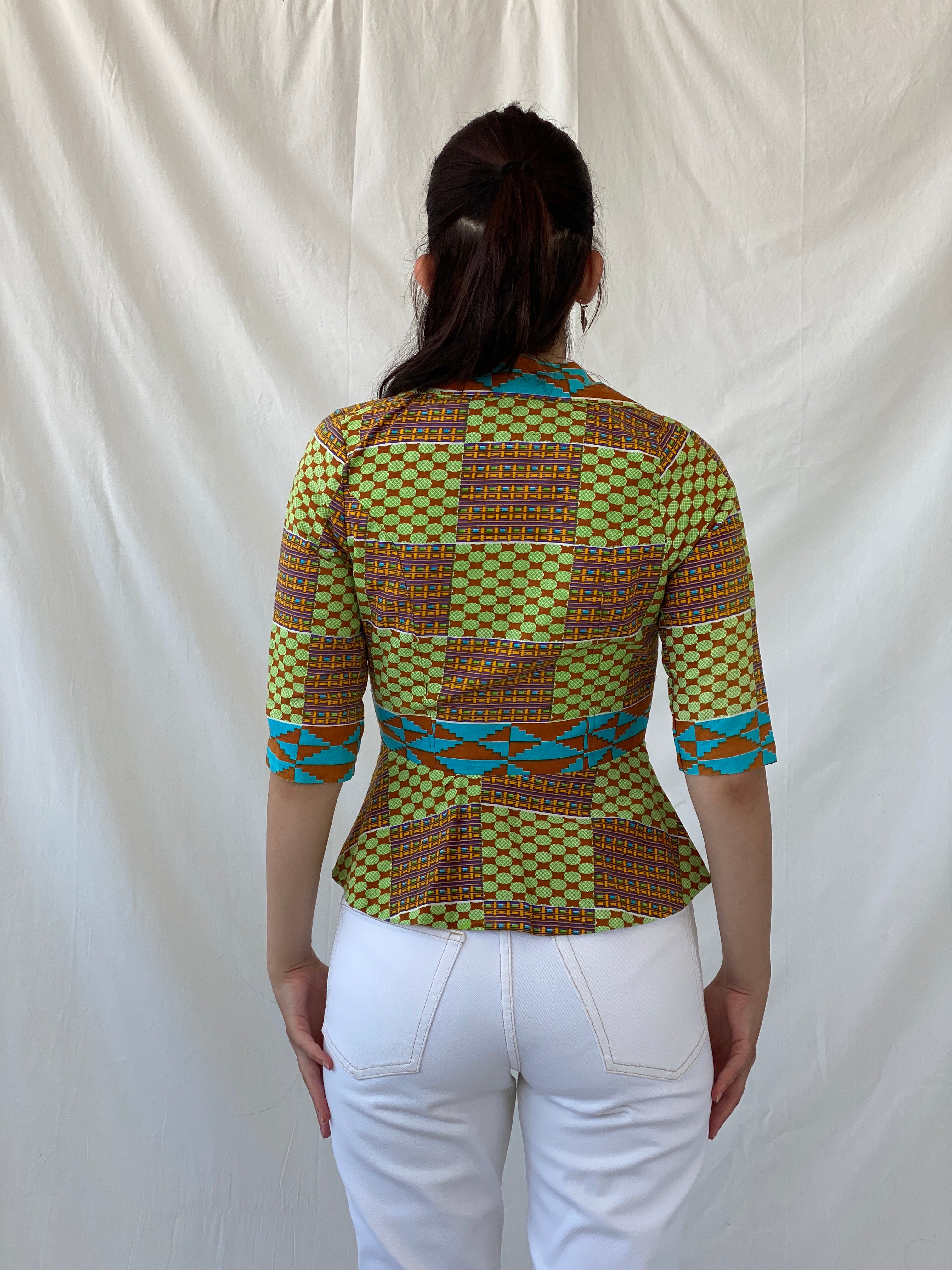Vintage Handmade Afro Ethnic Print Ankara Short Jacket Green Brown Multicolor Blazer - S