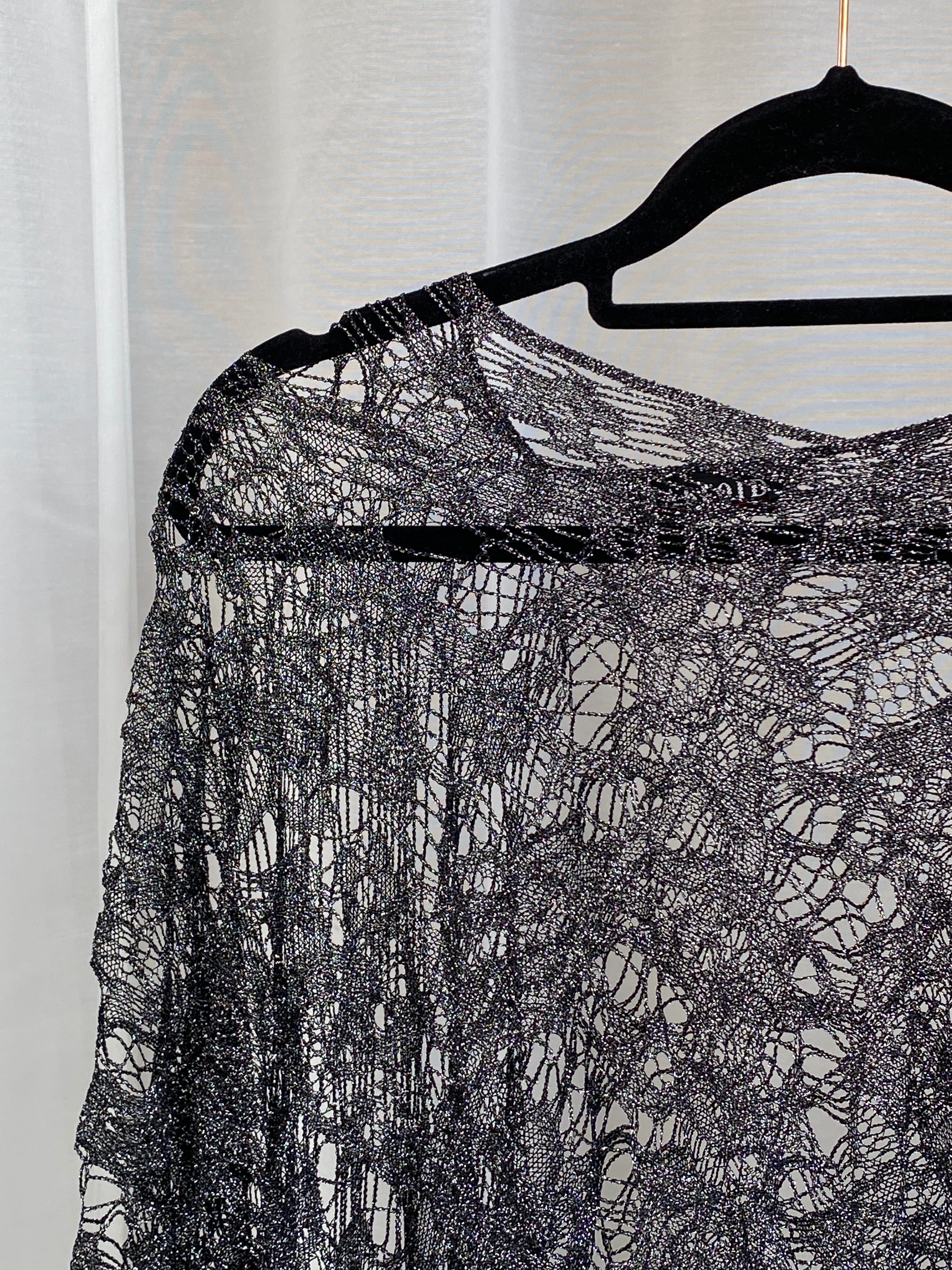 Rare Vintage Tabloid Metallic Black Knit Fringe Poncho – Sheer Boho Festival Shawl