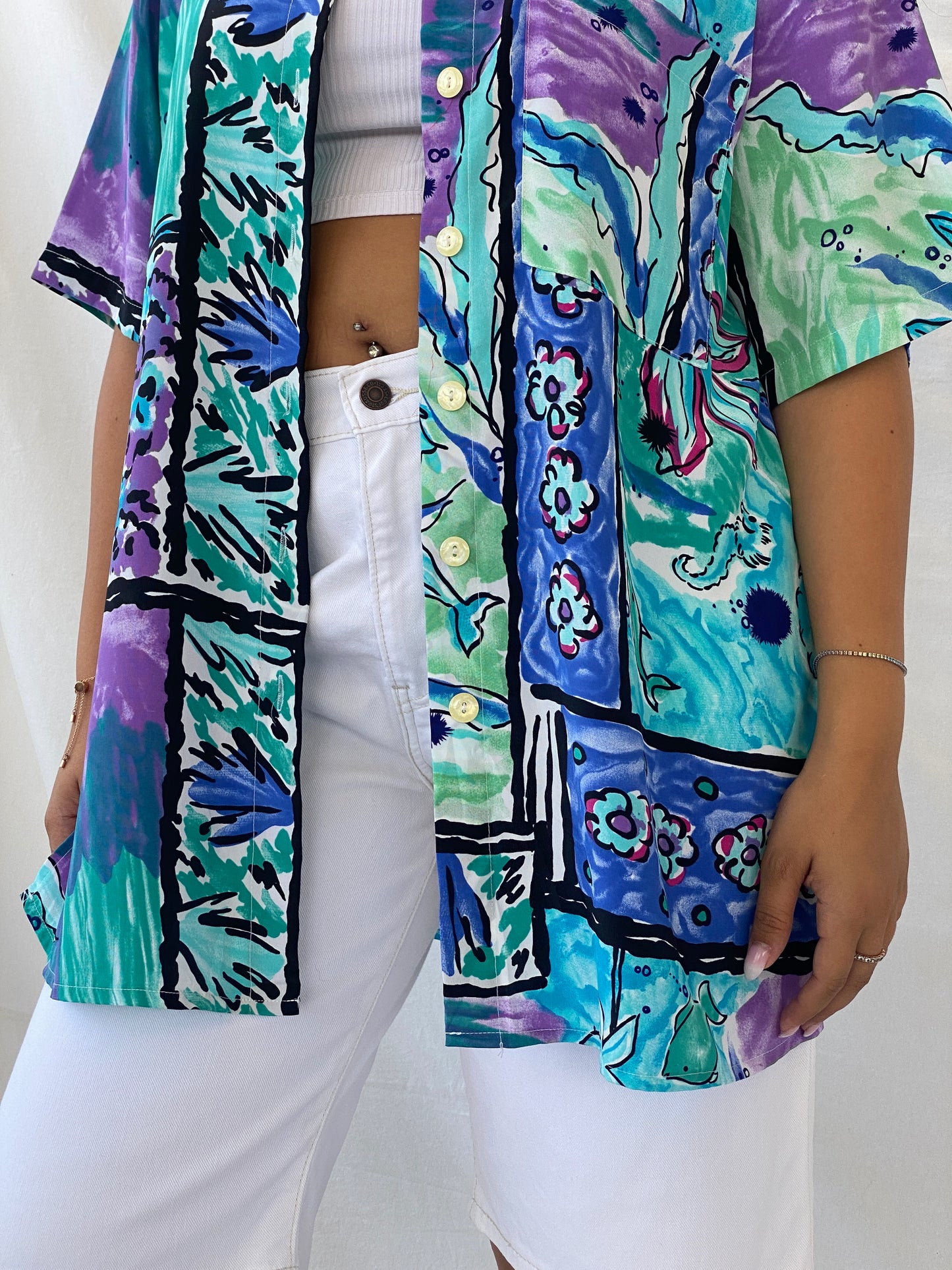 Statement Vintage Handmade Blue and Purple Floral Oversized Shirt - XL