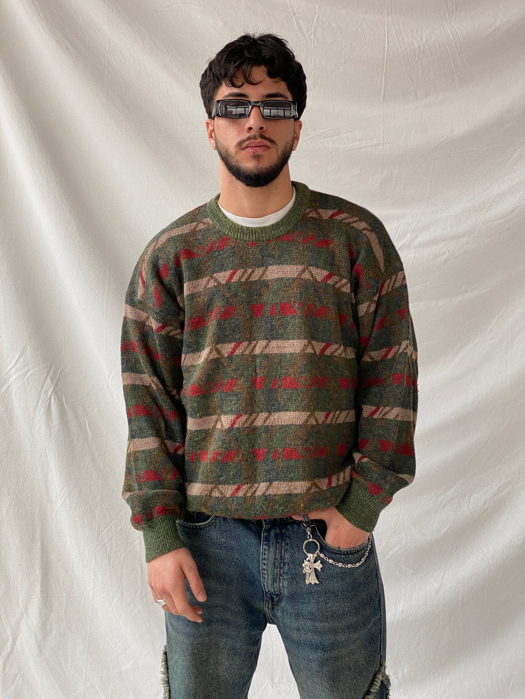 Vintage Charly Mach Men’s Green Jumper Striped Knitted Crew Neck Sweater - L