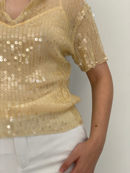 Y2K Zara Champagne Gold Sheer Mesh Sequin Collared Top - S