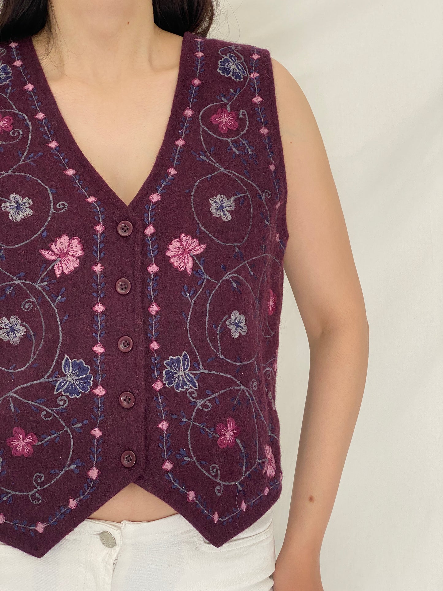 Vintage Y2K NorthCrest Embroidered Floral Wool Blend Vest Boho Cottagecore Button Front Vest – S