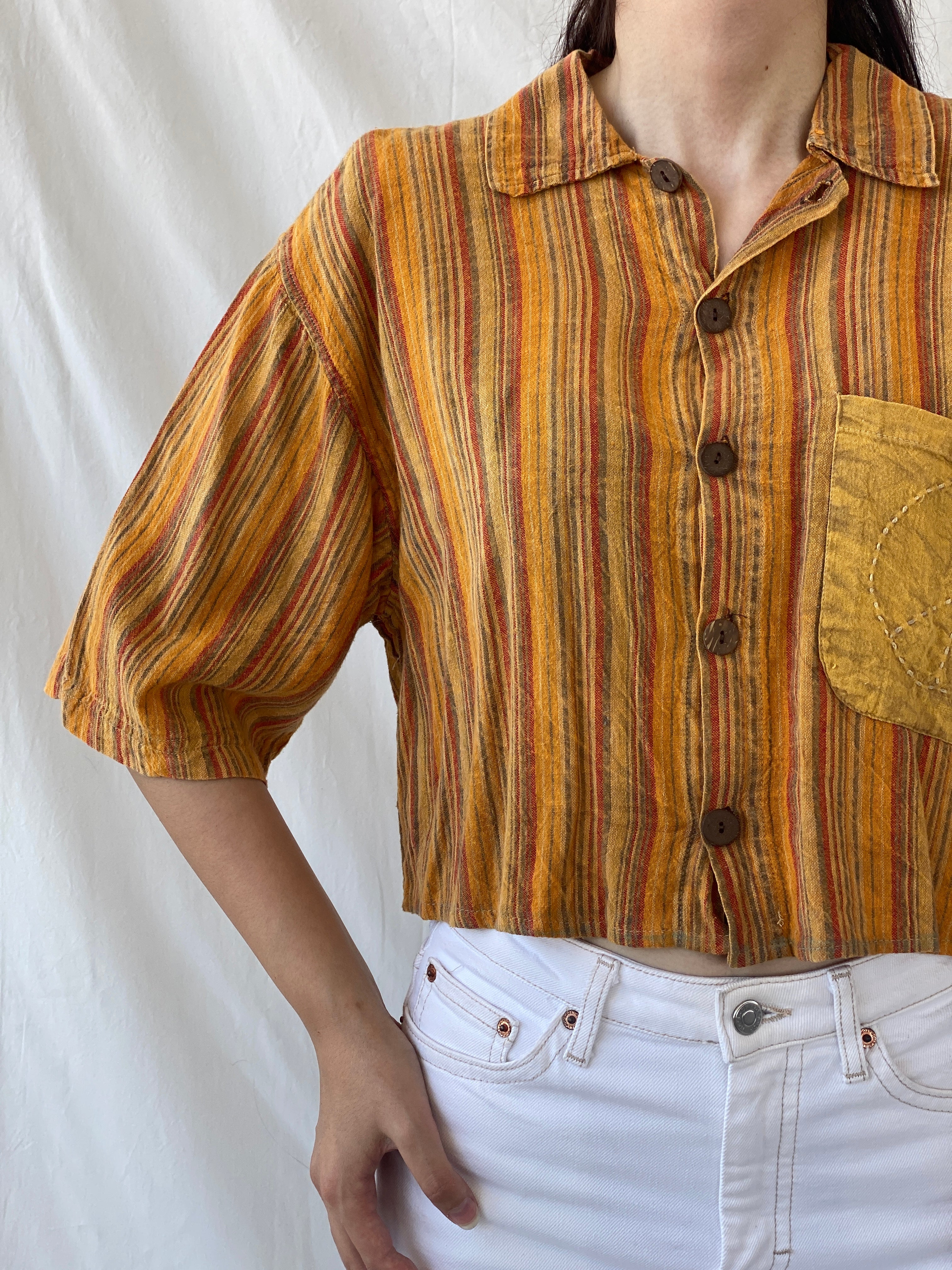 Vintage Kathmandu Imports Orange Striped Cropped Short Sleeve Shirt - M