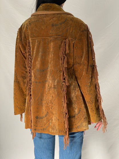 Vintage Dance Girl Fashion Western Fringe Faux Suede Jacket Boho Cowboy Statement Coat - XL
