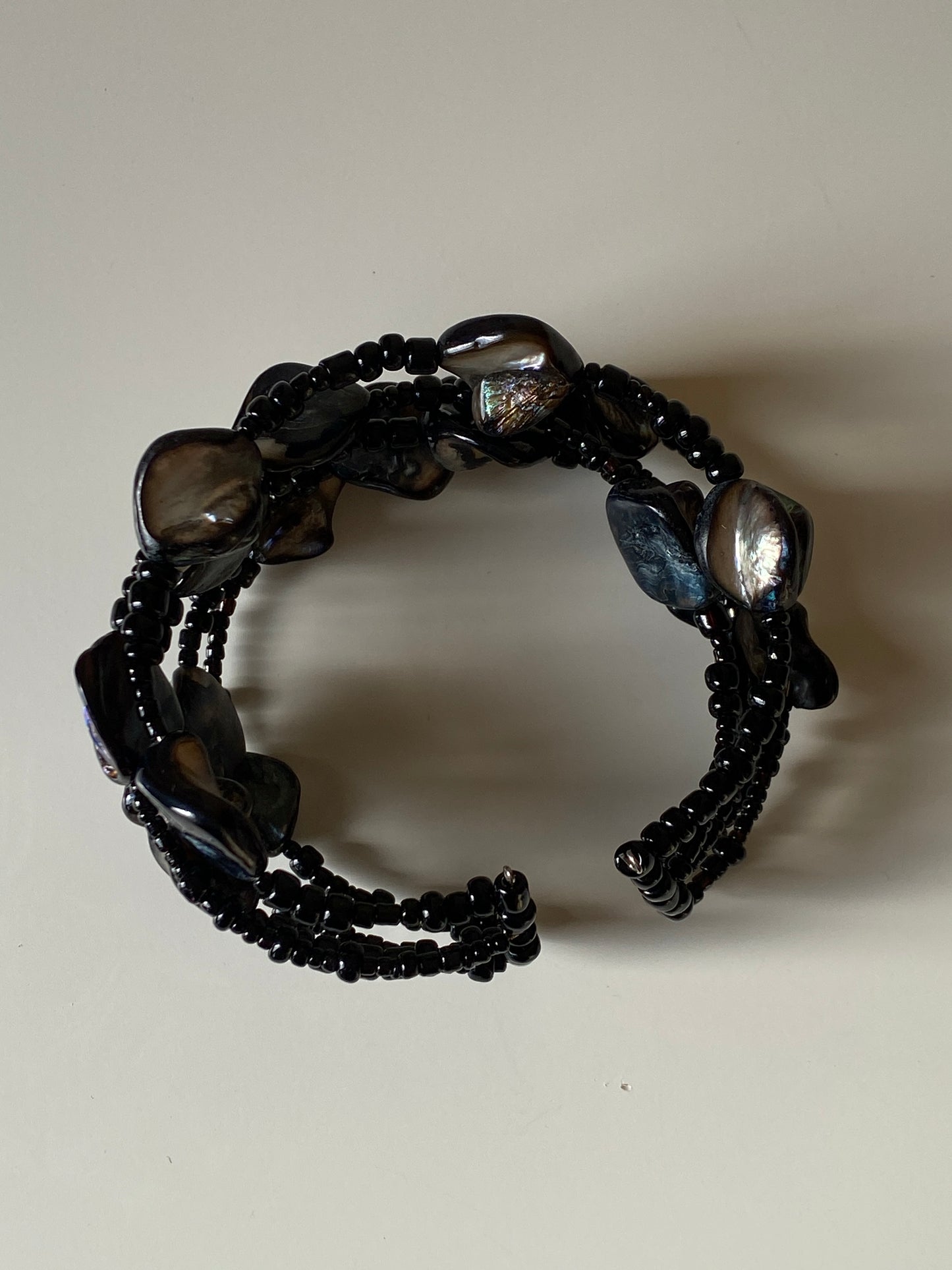 Vintage Y2K Black Beaded Wrap Bracelet with Shell Cabochon Stones Boho Statement Jewelry