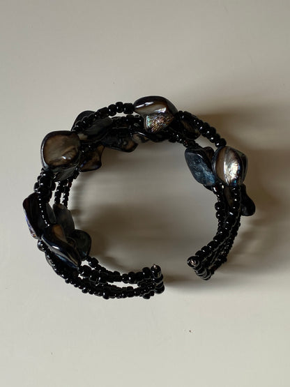 Vintage Y2K Black Beaded Wrap Bracelet with Shell Cabochon Stones Boho Statement Jewelry