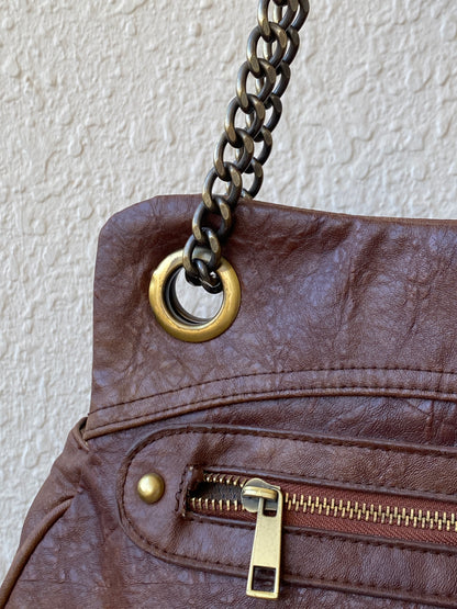 Vintage Y2K A|wear Brown Chain Handle Multi-Pocket Shoulder Bag