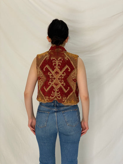 Vintage Handmade Tapestry Open Front Vest Red Boho Waistcoat – L