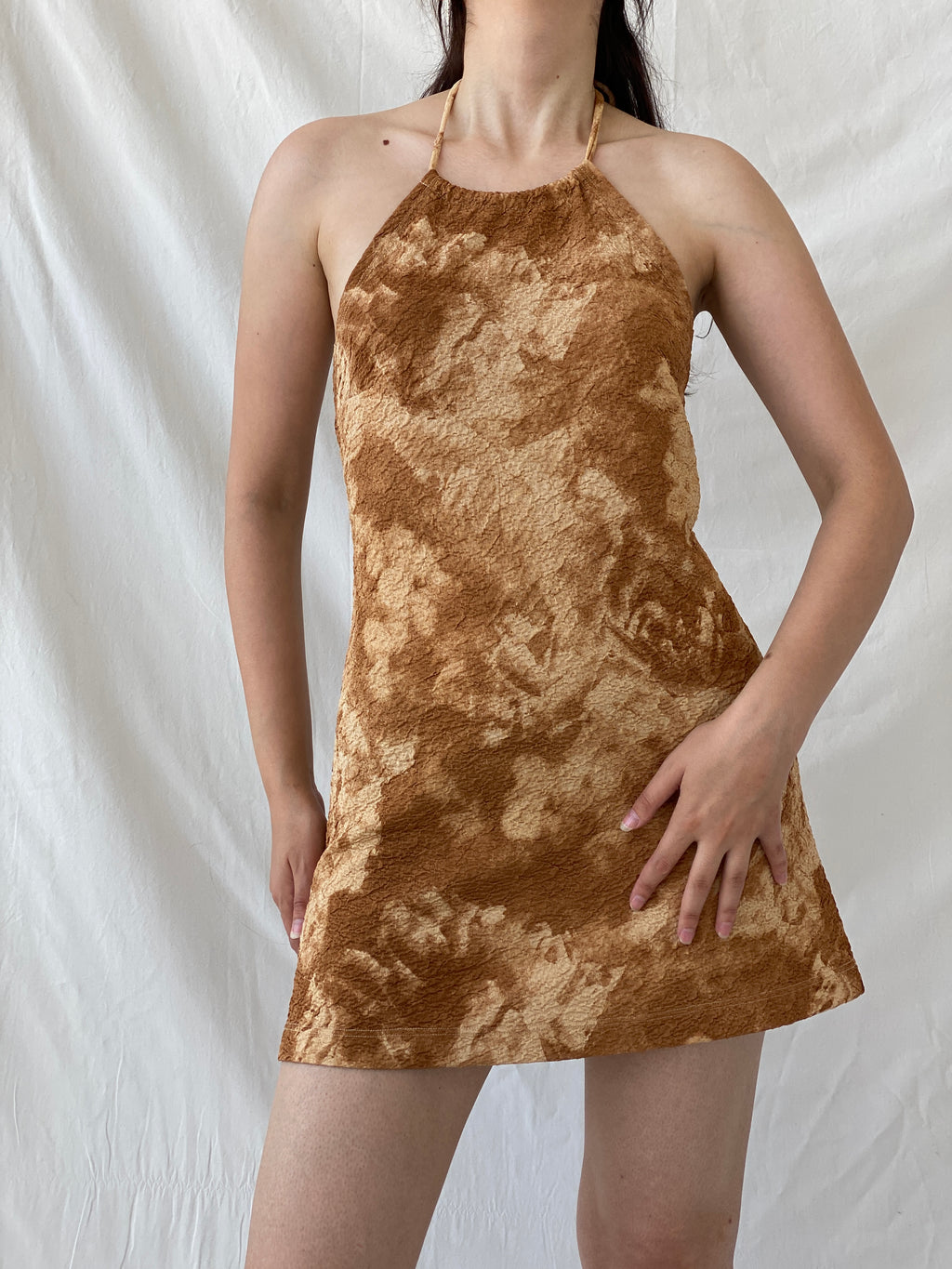 Vintage NICONETTI by Nina’s Fashion Brown Tie-dye Mini Textured Halter Dress - M