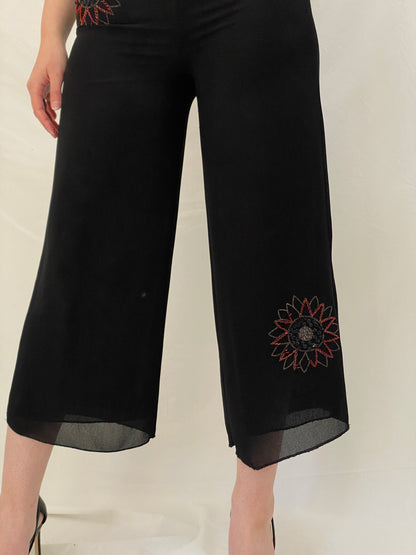 Vintage Black Embroidered Cropped Wide-Leg Floral Motif Pants - M