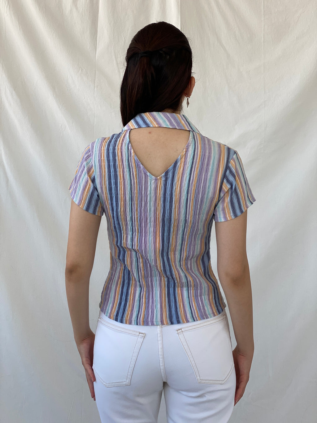 Y2K Pastel Purple Blue Striped Cut Out Back Scrunch Short Sleeve Shirt- M